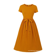 Women Fashion Ladies Big Size Pleated Dress with Butterfly Tie